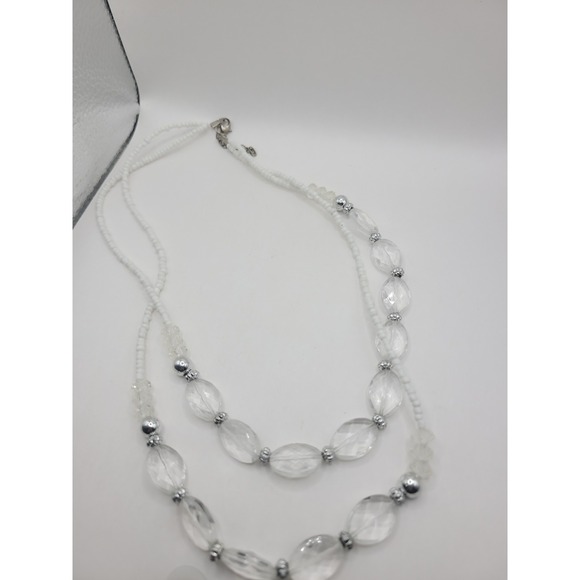 Jewelry - White Clear Double Strand Beaded Necklace Faceted Oval Silver Tone Statement